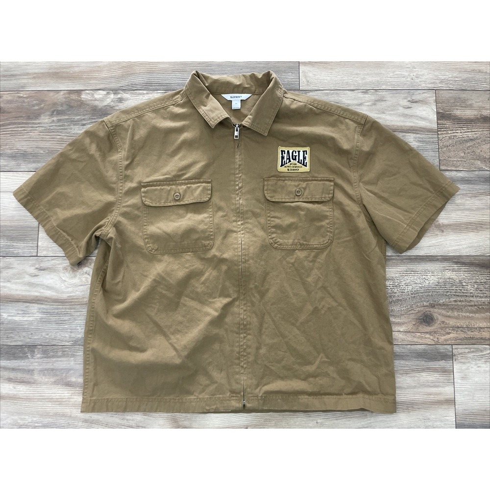 Old Navy Brown Tan Short Sleeve Moto Zip Shirt Mens XL Eagle Peak Patch